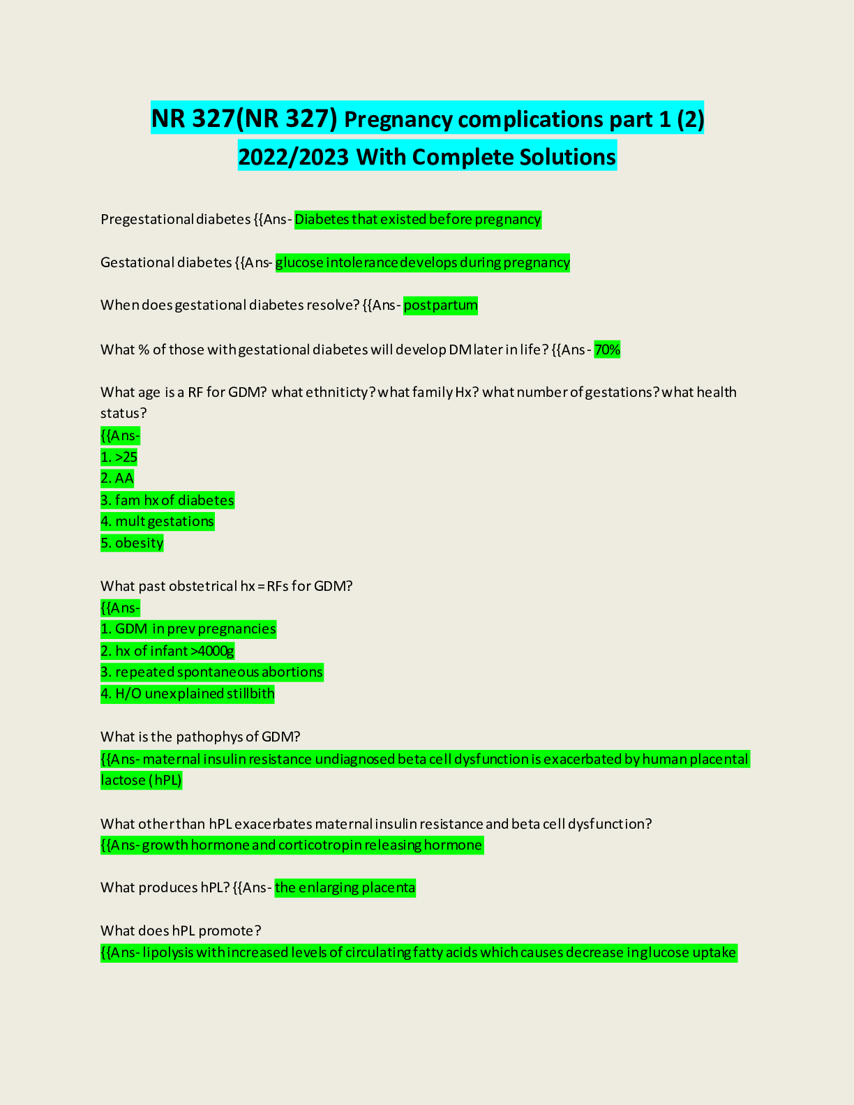 Preview of NR 327(NR 327) Pregnancy complications part 1 (2) Final Exam 2022/2023: NSG 211(NSG 211) M
